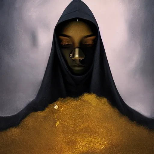 Image similar to a portrait of a young woman wearing a long dark cloak, hood and shadows covering face, holding golden chains, oil painting, matte painting, black background, Volumetric Golden dappled dynamic lighting, Highly Detailed, Cinematic Lighting, Unreal Engine, 8k, HD, by Beksinski