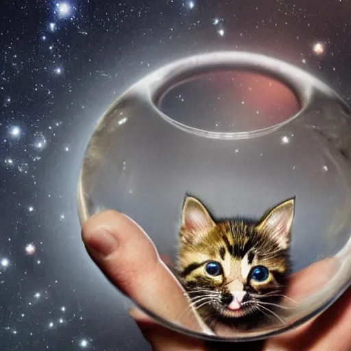 Image similar to A kitten staring at a fish bowl full of galaxies.