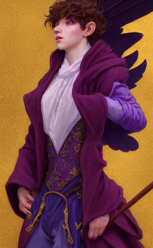 Prompt: non binary halfling, wearing purple smoking jacket, golden wings, d & d, fantasy, intricate and very beautiful and highly detailed, elegant, digital painting, artstation, concept art, matte, smooth and sharp focus, illustration, art by tian zi and wlop and alsphonse mucha and artgerm and greg rutkowski