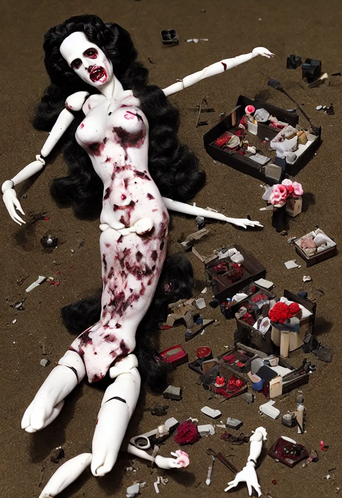 Image similar to the remains of elizabeth short, action figure playset, now with a removable torso, black dahlia doll, made of plastic, vintage 1 9 8 0's toy, realistic, hyperrealistic, unreal engine 5,