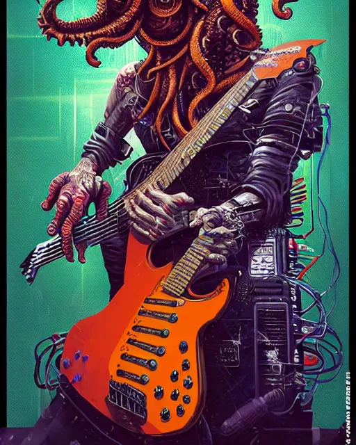 Image similar to a portrait of an anthropomorphic cyberpunk cthulhu shredding an electric guitar by sandra chevrier, by jon foster, detailed render, tape deck, epic composition, cybernetics, 4 k realistic, cryengine, realistic shaded lighting, sharp focus, masterpiece, by enki bilal