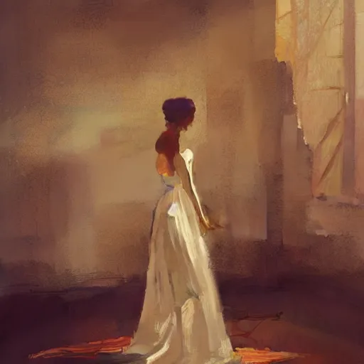 Prompt: A woman in a wedding dress in a dilapidated room, long shadow, dark room, vintage shading, warm colors, by Greg Rutkowski, artstation