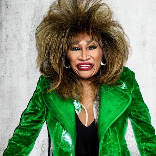 Image similar to tina turner portrait, green turnip hair, colored, dslr, photoshoot