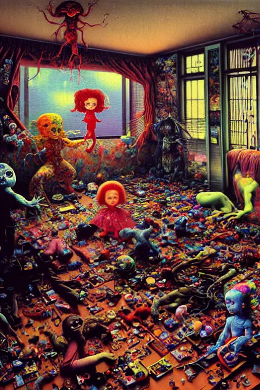 Prompt: a hyperrealistic painting of a horrific doll house with possessed toys staring out the windows on the living room floor, cinematic horror by chris cunningham, lisa frank, richard corben, kinkade, highly detailed, vivid color, beksinski painting, part by adrian ghenie and gerhard richter. art by takato yamamoto. masterpiece