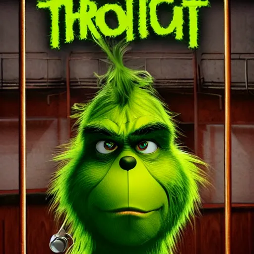 Image similar to The Grinch in maximum security prison behind bars, movie poster, indoors, highly detailed, portrait, 8k, smooth, gritty, action movie, rated R