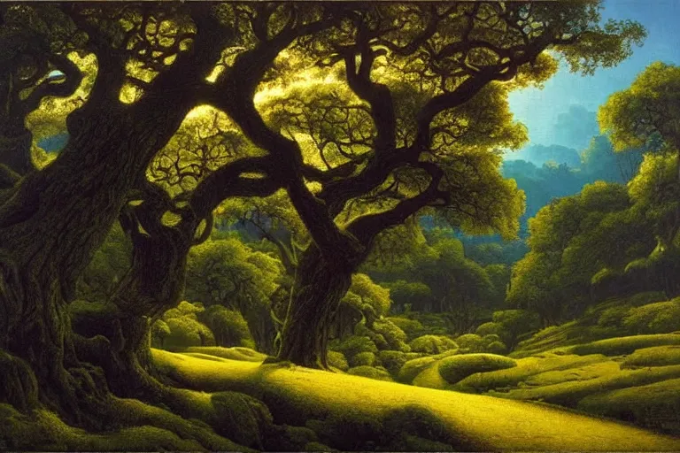 Prompt: masterpiece painting of oak trees on a hillside overlooking a creek, dramatic lighting, by michael hutter