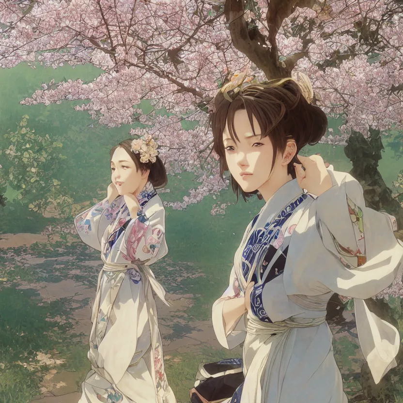 Image similar to front portrait of a girl walking, sakura tree in background, yukata clothing, battlefield in background, anime style, short hair, hair down, symmetrical facial features, from arknights, hyper realistic, 4 k, extreme detail, detailed drawing, trending artstation, realistic lighting, by alphonse mucha, greg rutkowski, sharp focus, backlit