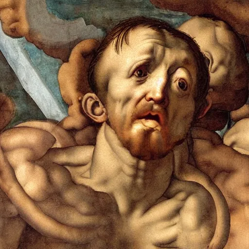 Image similar to scared man looking up, high detail painting by michelangelo