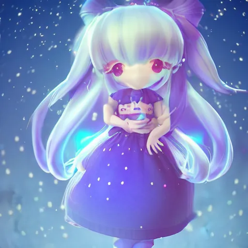 Image similar to cute fumo plush of a girl with a big heart, very long hair, stylized pbr, subsurface scattering, glitter, outline glow, blob anime, bokeh, vray