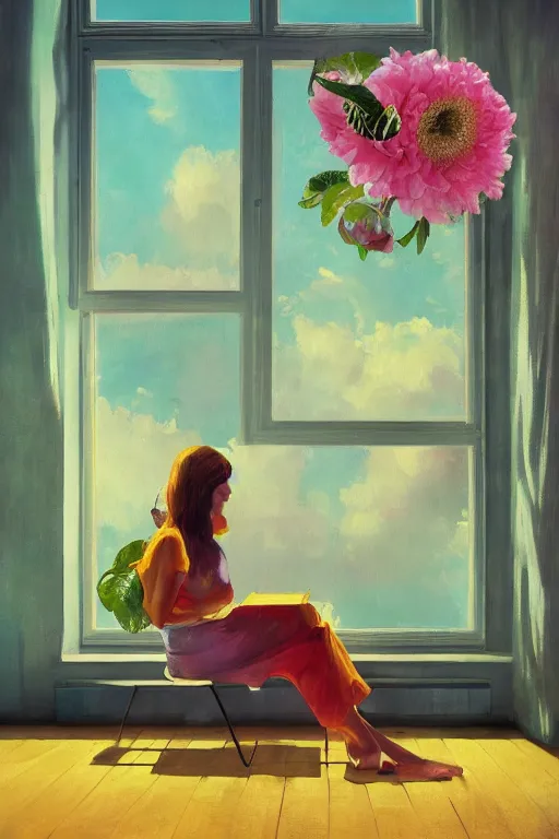 Image similar to closeup, huge flowers as head, woman sitting on lounge chair by a tall window, surreal photography, studio light, impressionist painting, digital painting, artstation, simon stalenhag