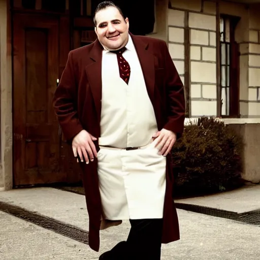 Image similar to full length shot : : clean - shaven smiling white chubby italian american man in his 4 0 s wearing a long brown overcoat and necktie and black shoes shoes shoes holding a burger, 2 0 0 6 advertising promo shot