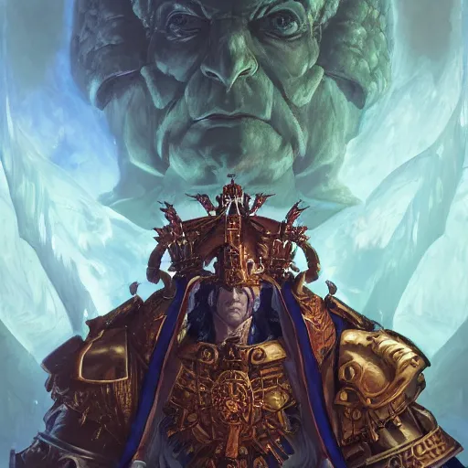 Prompt: portrait of emperor of mankind, warhammer 4 0 k, illustration, artstation art by wayne barlowe and artgerm and greg rutkowski and alex ross