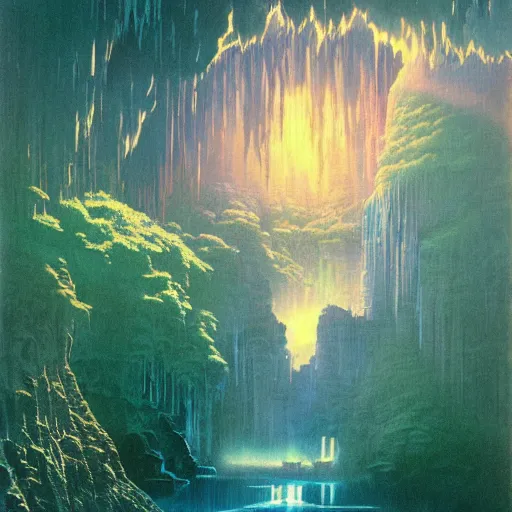 Prompt: a beautiful painting of an dimly lit endless dungeon cave filled with waterfalls and magic energy by moebius and bruce pennington, studio ghibli art, gradient shading