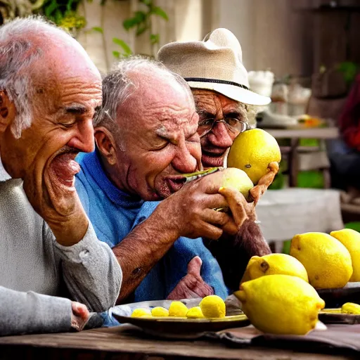 Image similar to old men eating lemon very detailed photo award winning, realistic real life style