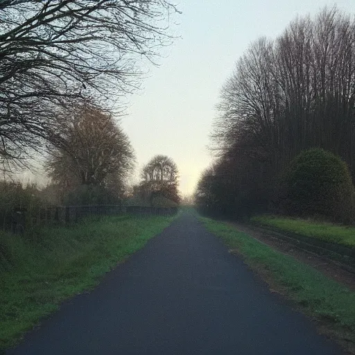 Image similar to Beautiful cameraphone, soft liminal Photograph of an estate road, early morning, small estate-flat