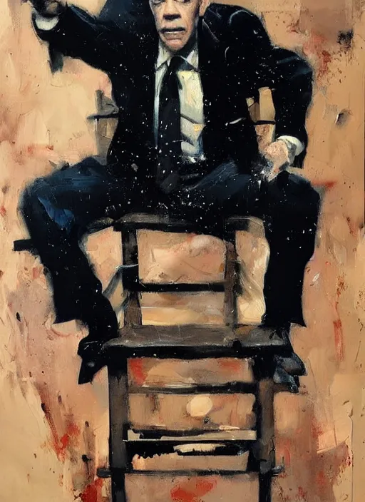 Image similar to jk simmons throwing chair, painting by phil hale, fransico goya,'action lines '!!!, graphic style, visible brushstrokes, motion blur, blurry