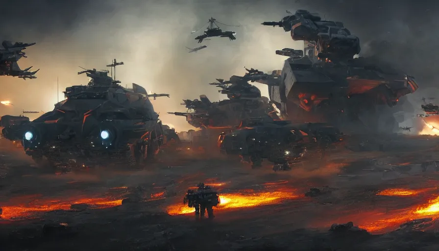 Prompt: Movie scene of troops firing at alien spaceships and giants robots with missile launchers, tanks and helicopters, fire, ashes and smoke columns, big battle, war, hyperdetailed, artstation, cgsociety, 8k