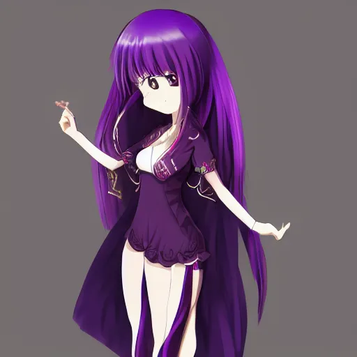 Image similar to anime full body illustration of a woman with purple hair wearing dark purple chinese outfit, her head is slightly tilted, medium shot, extremely detailed art, character showcase art, 4 k, anime key visual, official illustration by kyoto animation, monthly top rankings on pixiv, trending on artstation, danbooru art