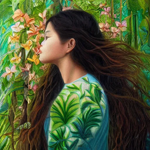 Prompt: a girl in a jungle smelling flowers, her hair flowing down, subtle, intricate details, real masterpiece, oil on canvas, by somsak anong
