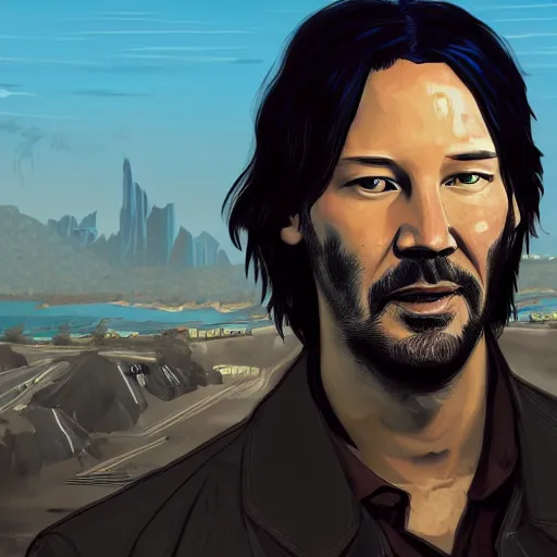 Image similar to keanu reevez in the art style of disco elysium