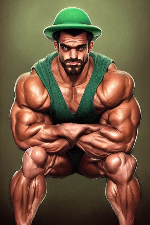 Prompt: gigachad bodybuilder luigi crouching with a green hat by ilya kuvshinov, ernest khalimov body, super mario bros symmetrical face concept art, hyper realistic, intricate, elegent, highly detailed, digital painting, concept art, smooth, sharp, focus, illustration, art by artgerm and greg rutkowski and alphonse mucha, artstation