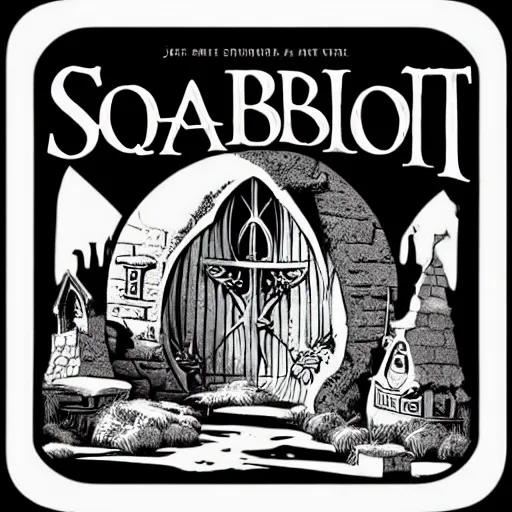 Prompt: square sticker of a hobbit palace, by joe fenton and mike mignola, white background, masterpiece, b & w