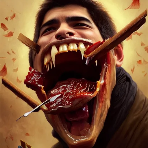 Image similar to Luis Suarez with vampire teeth eating BBQ ribs, closeup, D&D, fantasy, intricate, elegant, highly detailed, digital painting, artstation, concept art, matte, sharp focus, illustration, art by Artgerm and Greg Rutkowski and Alphonse Mucha