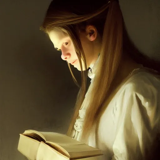 Image similar to a girl reading a book, her hair flowing down, by omar ortiz, carl spitzweg, ismail inceoglu, vdragan bibin, hans thoma, greg rutkowski, wayne forrest, krzysztof lukasiewicz, perfect face, fine details, centered, rule of thirds, photorealistic shading