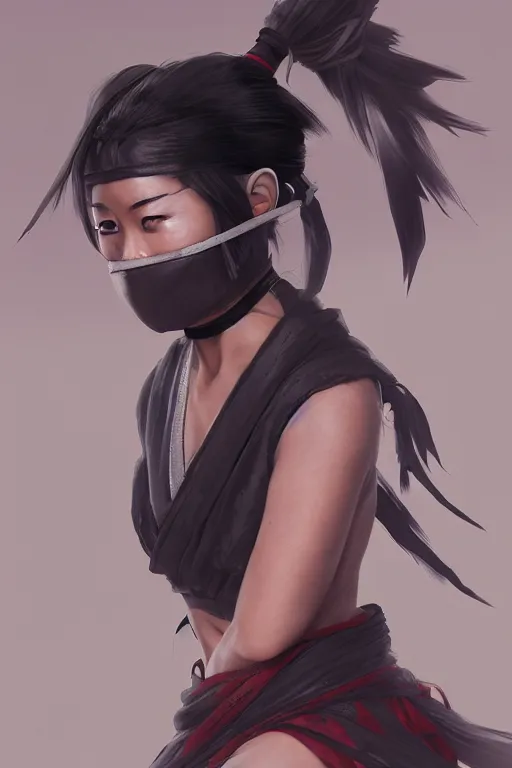 Image similar to native japanese young woman dressed like shinobi ninja, focused stare, partially masked, highly detailed, photobash, photorealistic render, trending on artstation, character design, cinematic lighting