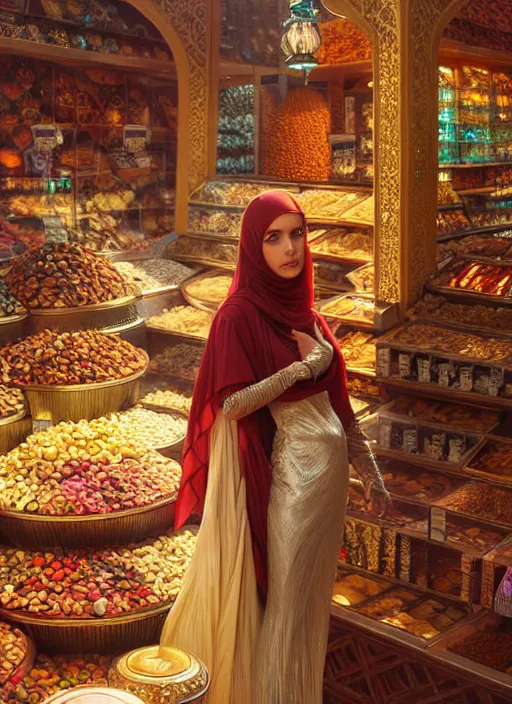 Image similar to a young arabian lady shopping at a desert spice market, shiny, fantasy, intricate, elegant, hyper detailed, ultra definition, photoreal, artstation, unreal engine rendered, concept art, smooth, sharp focus, illustration, art by artgerm and greg rutkowski and alphonse mucha and garis edelweiss