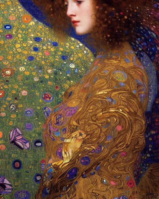 Image similar to a close up of beautiful girl flying through the clouds surrounded by colourful intricate patterns, by gustave klimt edgar maxence and caravaggio and michael whelan, intricate painting, hyper realistic, extremely detailed and beautiful aesthetic face, 8 k resolution