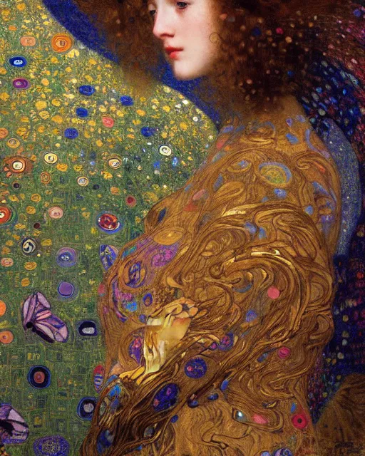 Prompt: a close up of beautiful girl flying through the clouds surrounded by colourful intricate patterns, by gustave klimt edgar maxence and caravaggio and michael whelan, intricate painting, hyper realistic, extremely detailed and beautiful aesthetic face, 8 k resolution