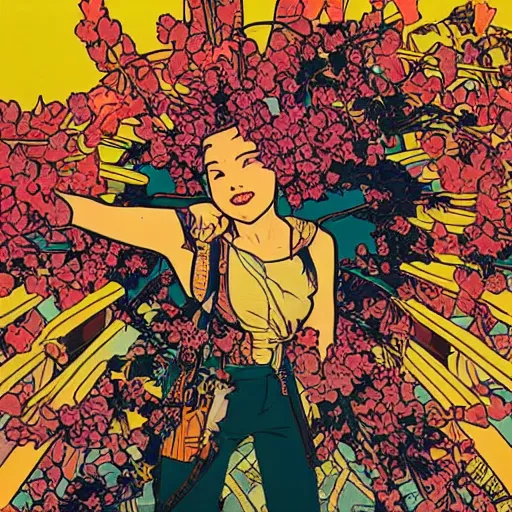 Image similar to sakura sunset illustration, pop art, splash painting, art by geof darrow, ashley wood, alphonse mucha