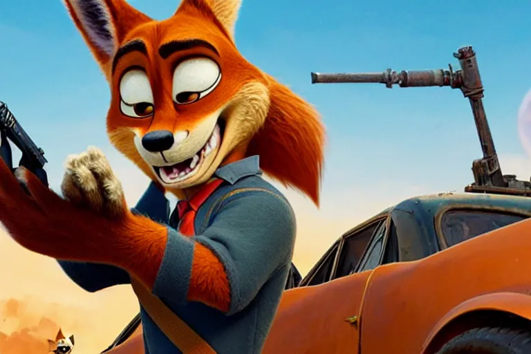 Image similar to nick wilde ( from zootopia ), heavily armed and armored facing down armageddon in a dark and gritty reboot from the makers of mad max : fury road