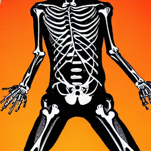 Image similar to Exploding human skeleton, negative, particles flying outward, in the style of Dave Gibbons