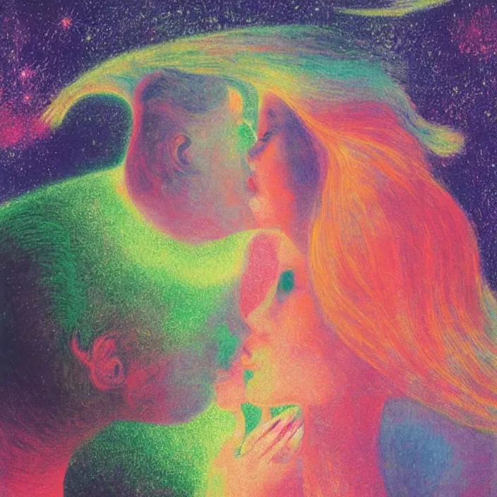 Prompt: close portrait of woman and man kissing. aurora borealis. iridescent, vivid psychedelic colors. painting by bosch, agnes pelton, utamaro, monet