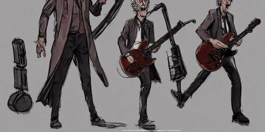 Image similar to cartoonish peter capaldi jamming with his band, character sheet, fine details, concept design, contrast, kim jung gi, greg rutkowski, trending on artstation, 8 k, full body, turnaround, front view, back view, ultra wide angle