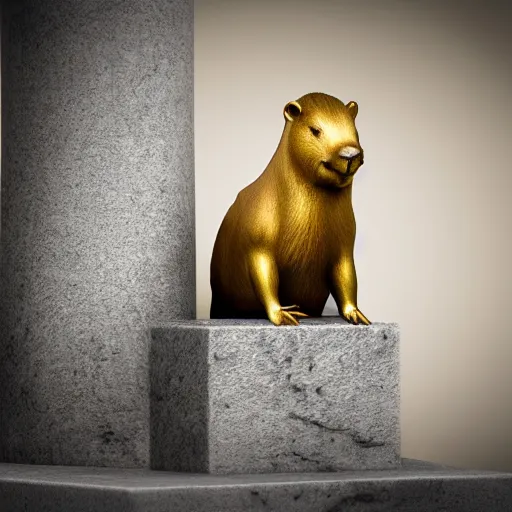 Prompt: golden capybara trophy award on a marble pillar, white background, soft lighting