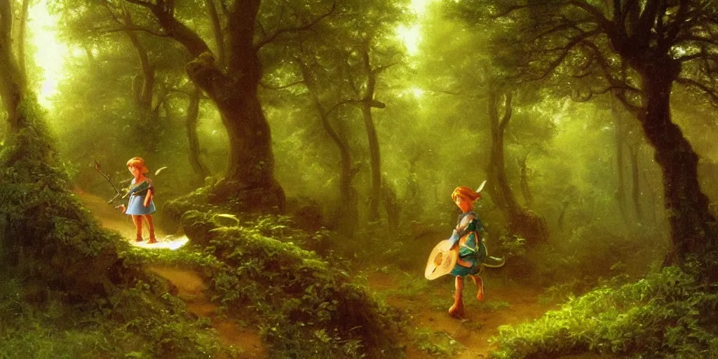 Image similar to close up of young link with fairy!!!! entering an old!!! forest temple!!! full of green trees and plants, under a gray foggy sky, oil painting by albert bierstadt