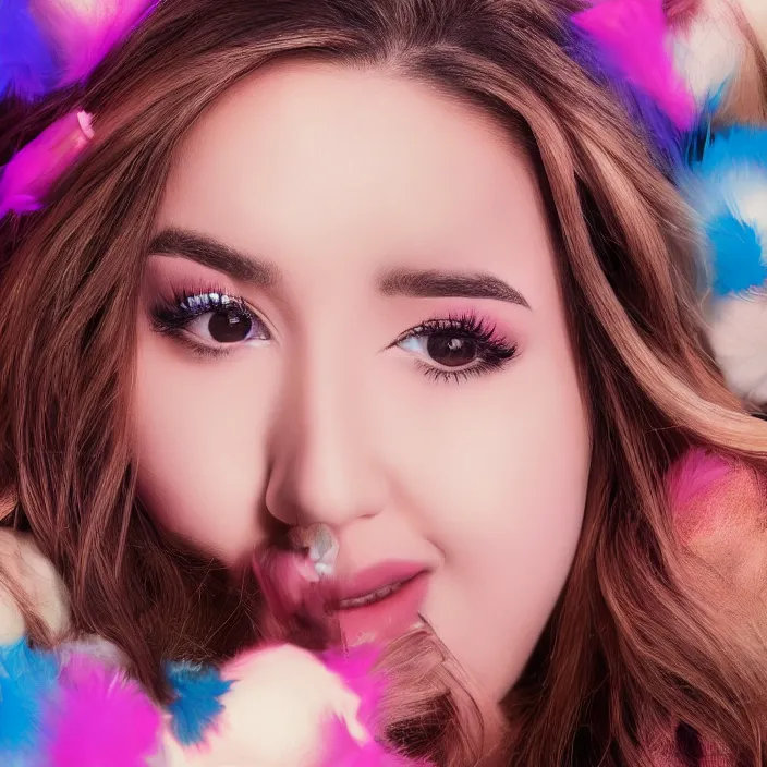 Prompt: beautiful portrait photograph of Pokimane in the style of Katy Perry’s Teenage Dream album cover, studio lighting, looking at the camera, super resolution, Extremely detailed