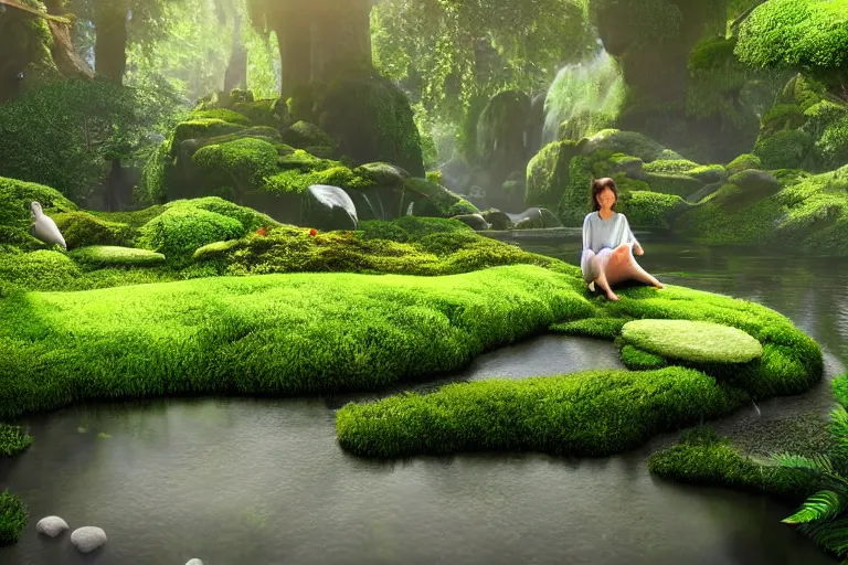 Image similar to hyper realistic detailed render of a heavenly garden of peace, eden filled with trees, stone slab, colourful flowers, moss, ferns, a girl meditating at a distance, small stream or puddles, birds, trending on artstation, volumetric lighting, hyper realistic, hyper detailed, high quality render, blender guru,