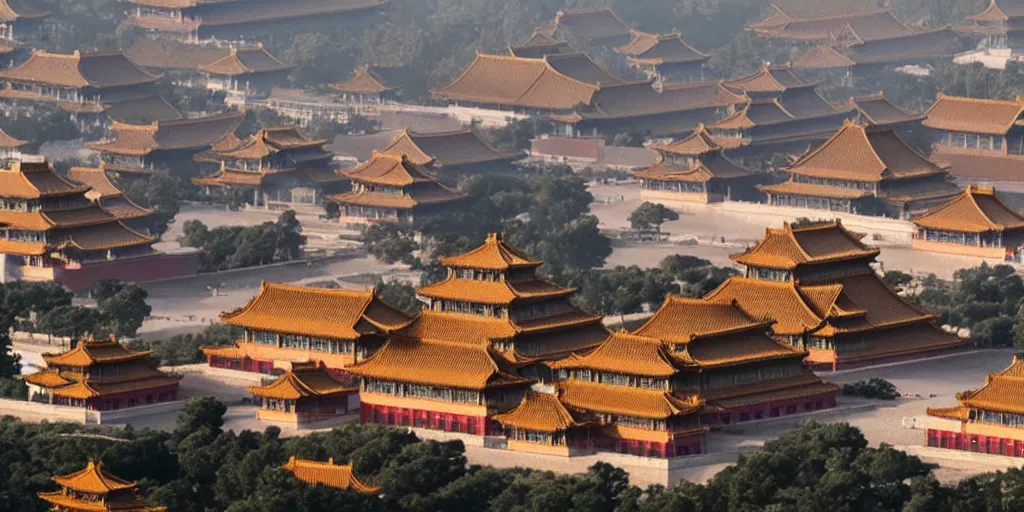 Image similar to a very high resolution image from a new movie, super fantasy shape of cyberpunk building and forbidden city, front view, photorealistic, photography, directed by wes anderson