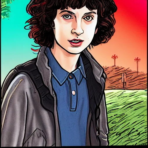 Image similar to Finn WolfHard with Stranger Things in comic style, hq, 4k