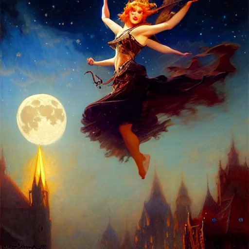 Image similar to attractive witch magically flying trough the night, fantasy, full moon in background. highly detailed painting by gaston bussiere, craig mullins, j. c. leyendecker 8 k