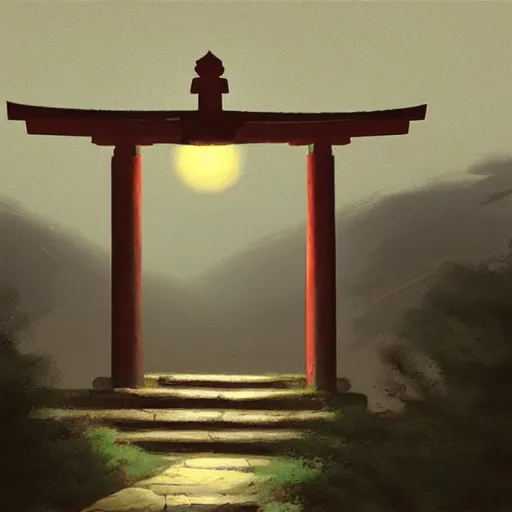 Image similar to Japanese Torii in a moutain ,night , by Grzegorz Rutkowski, concept art