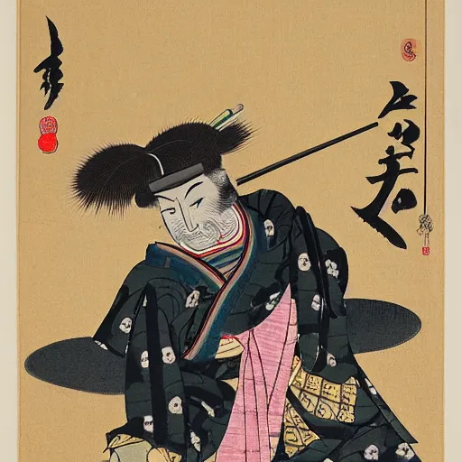 Prompt: a samurai smoking a pipe, ukiyo - e