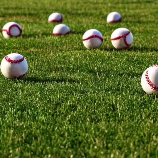 Prompt: an open grassy field full of baseballs