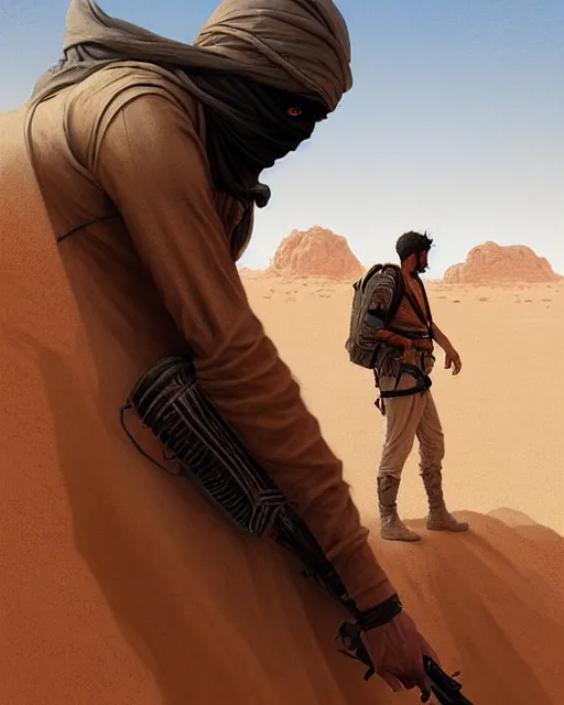 Image similar to male desert stalker, lonely rider, covered head | | realistic shaded, fine details, realistic shaded lighting poster by greg rutkowski, diego gisbert llorens, magali villeneuve, artgerm, jeremy lipkin and rob rey