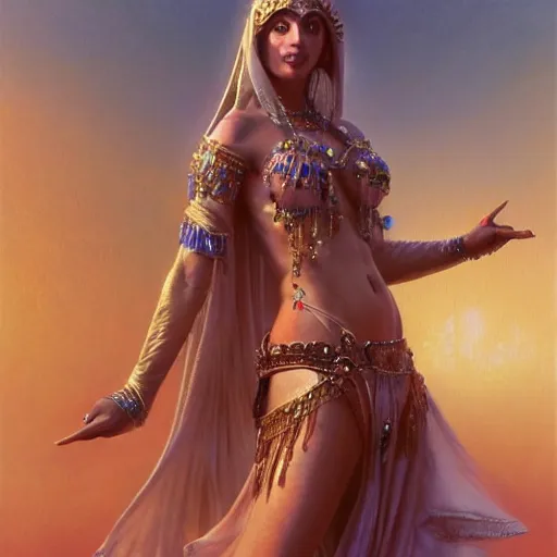 Image similar to cute female bellydancer wolf, anthropomorphic, stuning 3 d render, masterpiece, glowing holy aura, by donato giancola and greg rutkowski and wayne barlow and zdzisław beksinski, realistic face