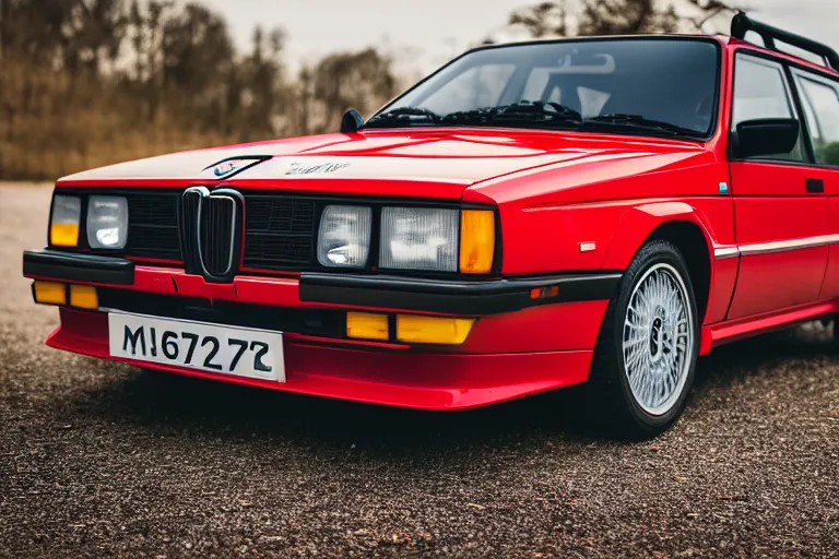 Image similar to 1985 Lancia Delta Integrale BMW M1 estate wagon, XF IQ4, 150MP, 50mm, F1.4, ISO 200, 1/160s, natural light, Adobe Photoshop, Adobe Lightroom, photolab, Affinity Photo, PhotoDirector 365